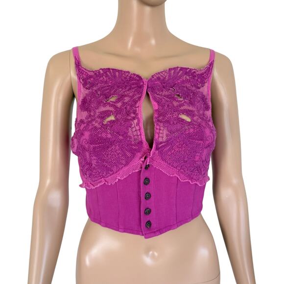 Free People Fuchsia Lace Corset Floral Top Barbiecore Coquette Boho Feminine S - Picture 3 of 9